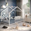 CADANI Kinderbett Malte Hausbett Bodenbett Weiss Kiefer Massivholz Bild 2