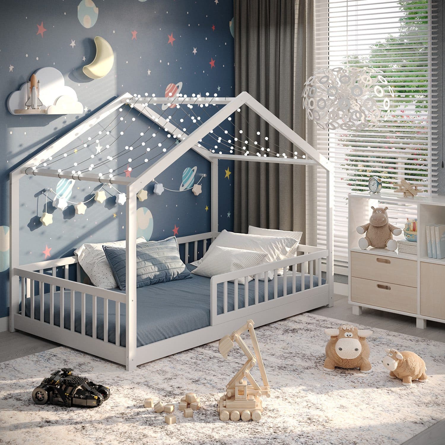 CADANI Kinderbett Malte Hausbett Bodenbett Weiss Kiefer Massivholz - Bild 2