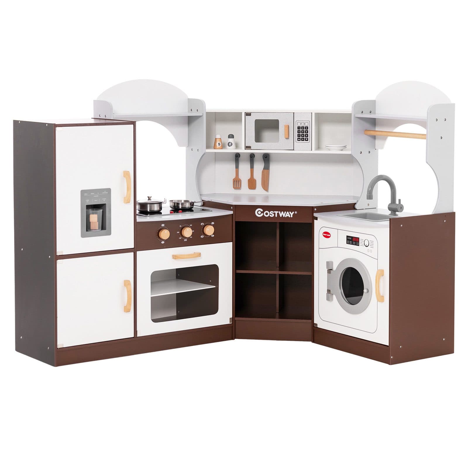 COSTWAY Spielküche Eck Kinderküche Braun Holz mit Lichtern - Bild 2