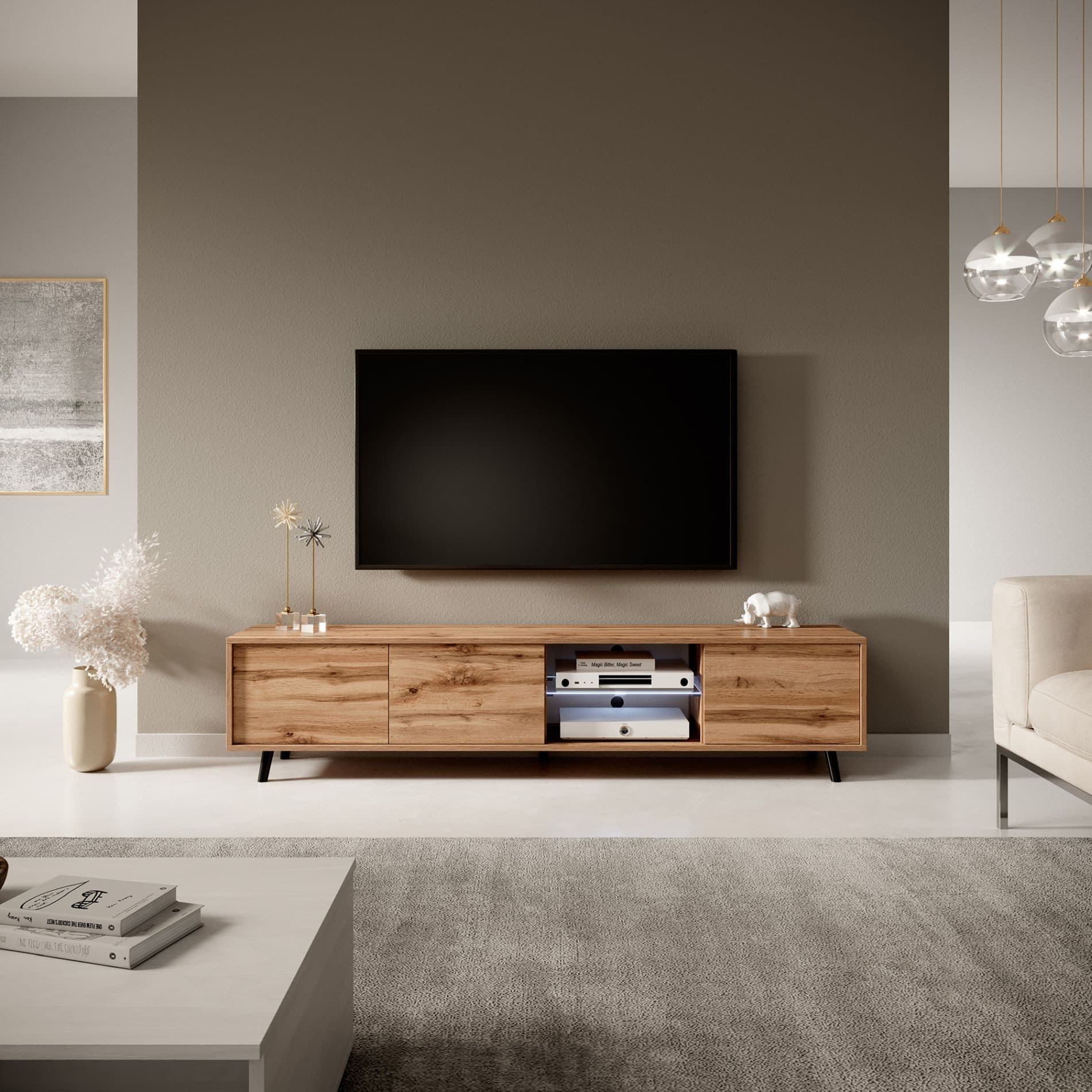 Selsey TV-Lowboard Galhad mit Glasvitrine und Beleuchtung Creme - Bild 2