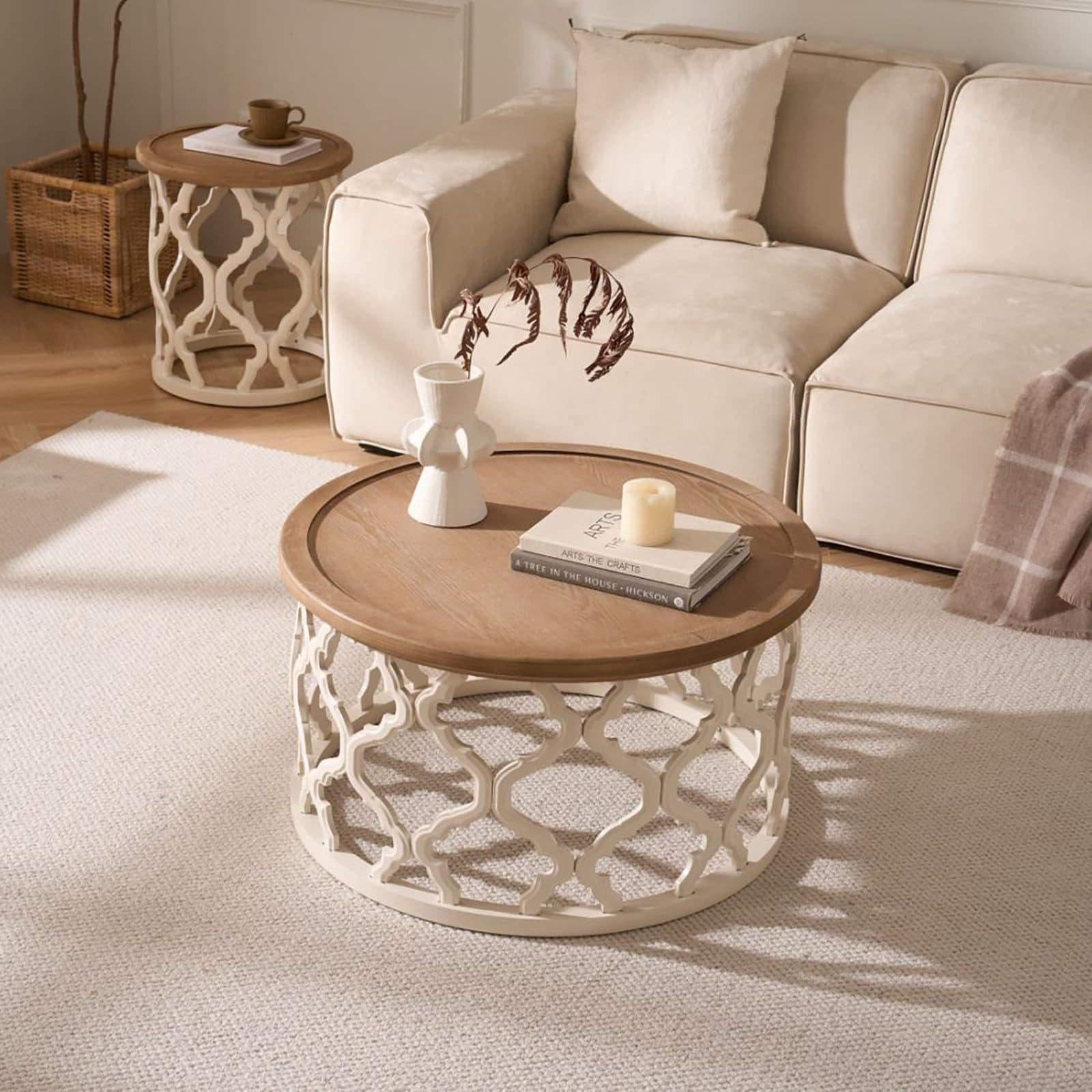 Cagnolier Couchtisch Rund Retro Weiß Braun Massivholz - Bild 2