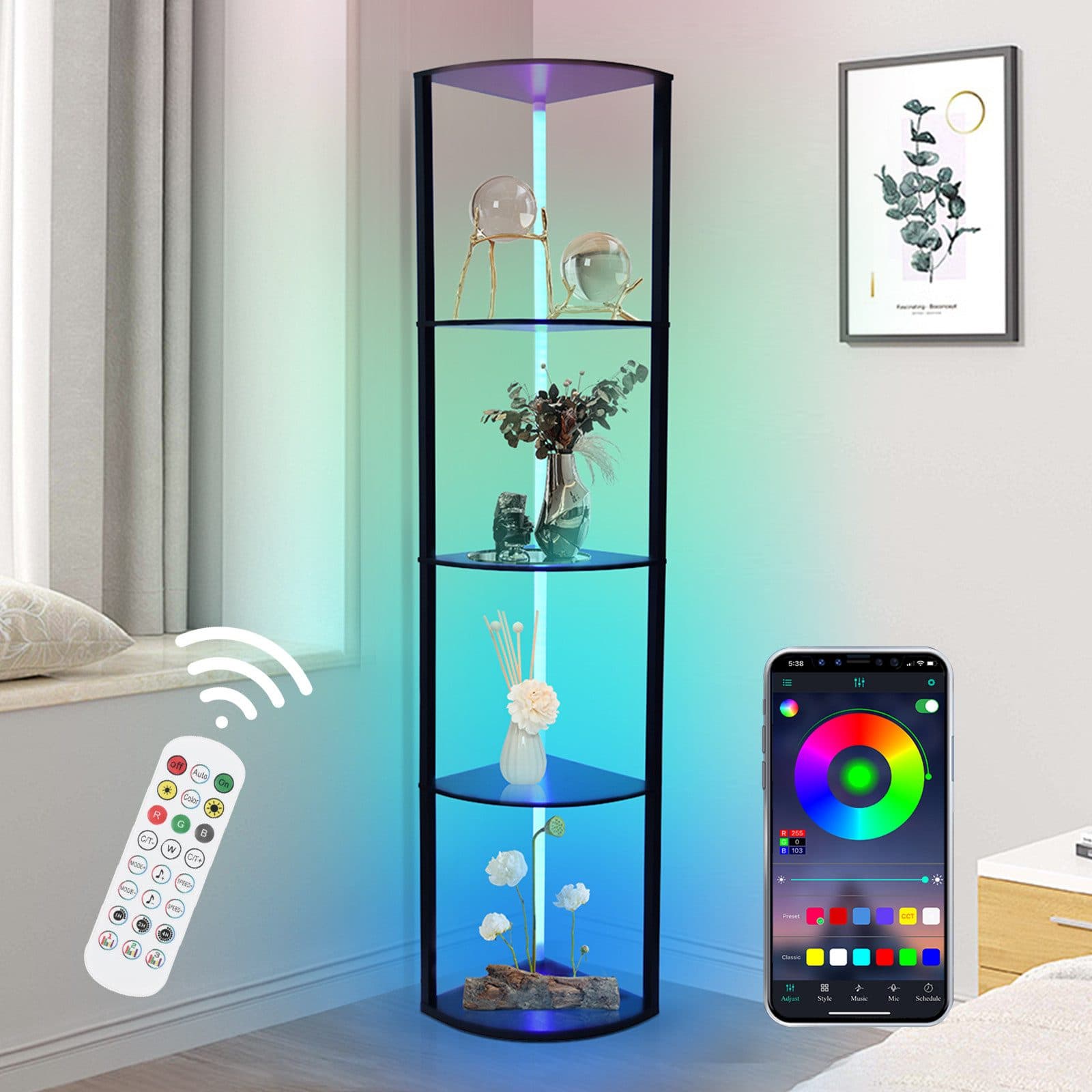 XERSEK Eckregal LED Standregal Bücherregal Vitrine Dimmbar mit APP & Fernbedienung Metallrahmen - Bild 2
