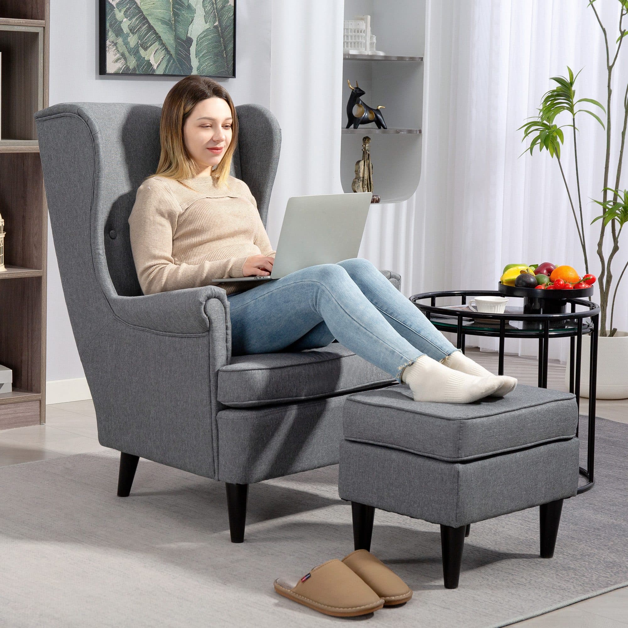 HOMCOM Relaxsessel Ohrensessel mit Hocker Grau - Bild 2