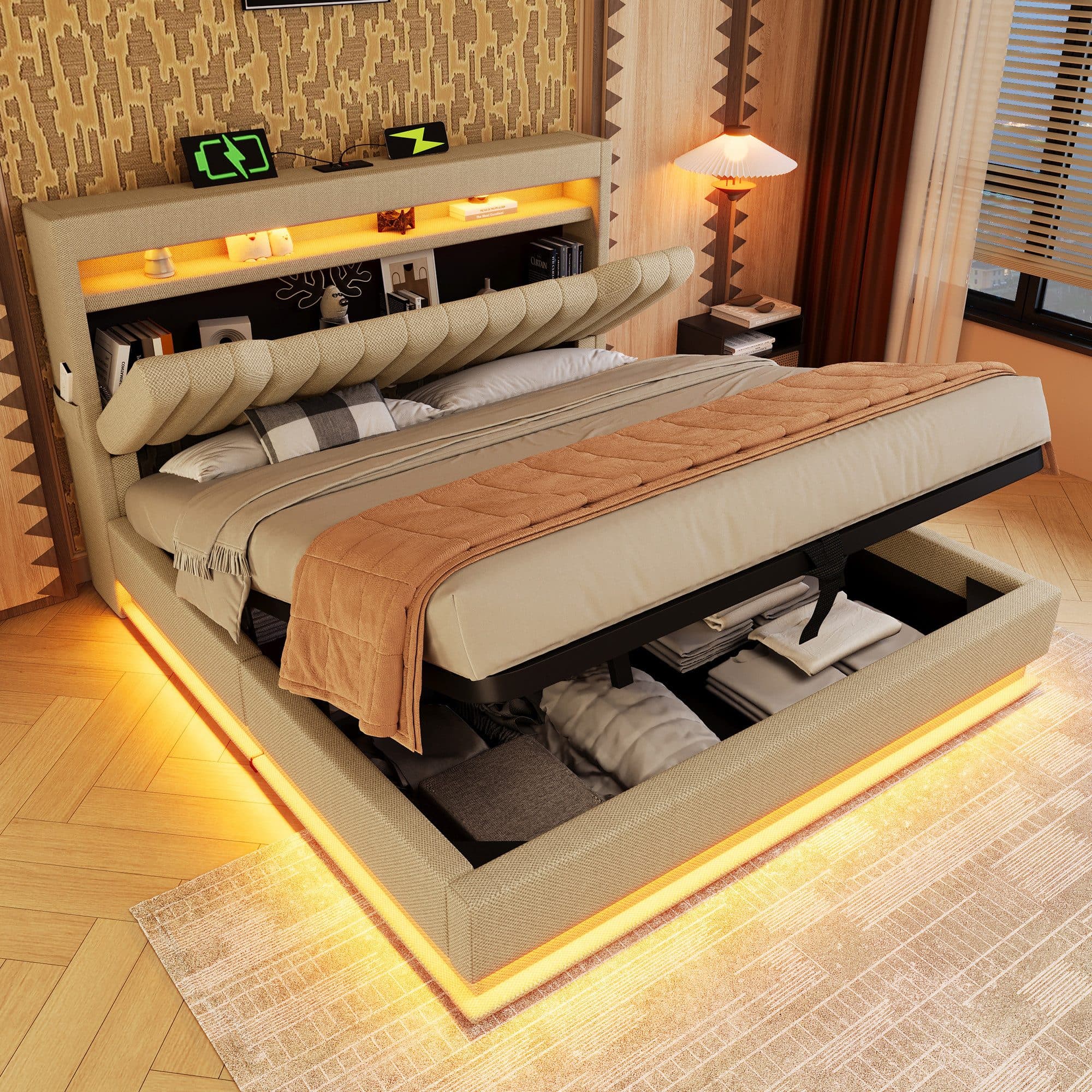 MODFU Polsterbett Beige mit LED, USB-Ladefunktion & Stauraum - Bild 2