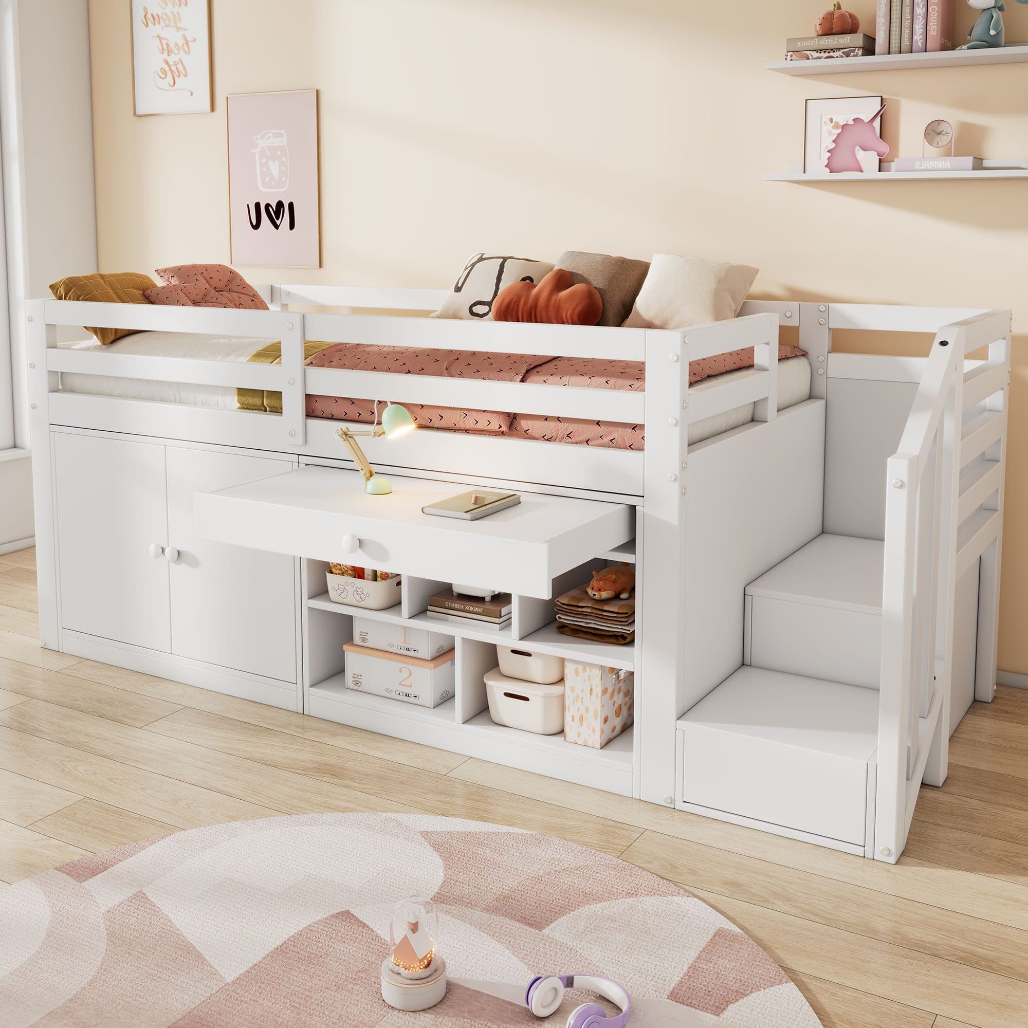 KLAM HOME Hochbett Weiß Multifunktional mit Stauraum und Schreibtisch - Bild 2