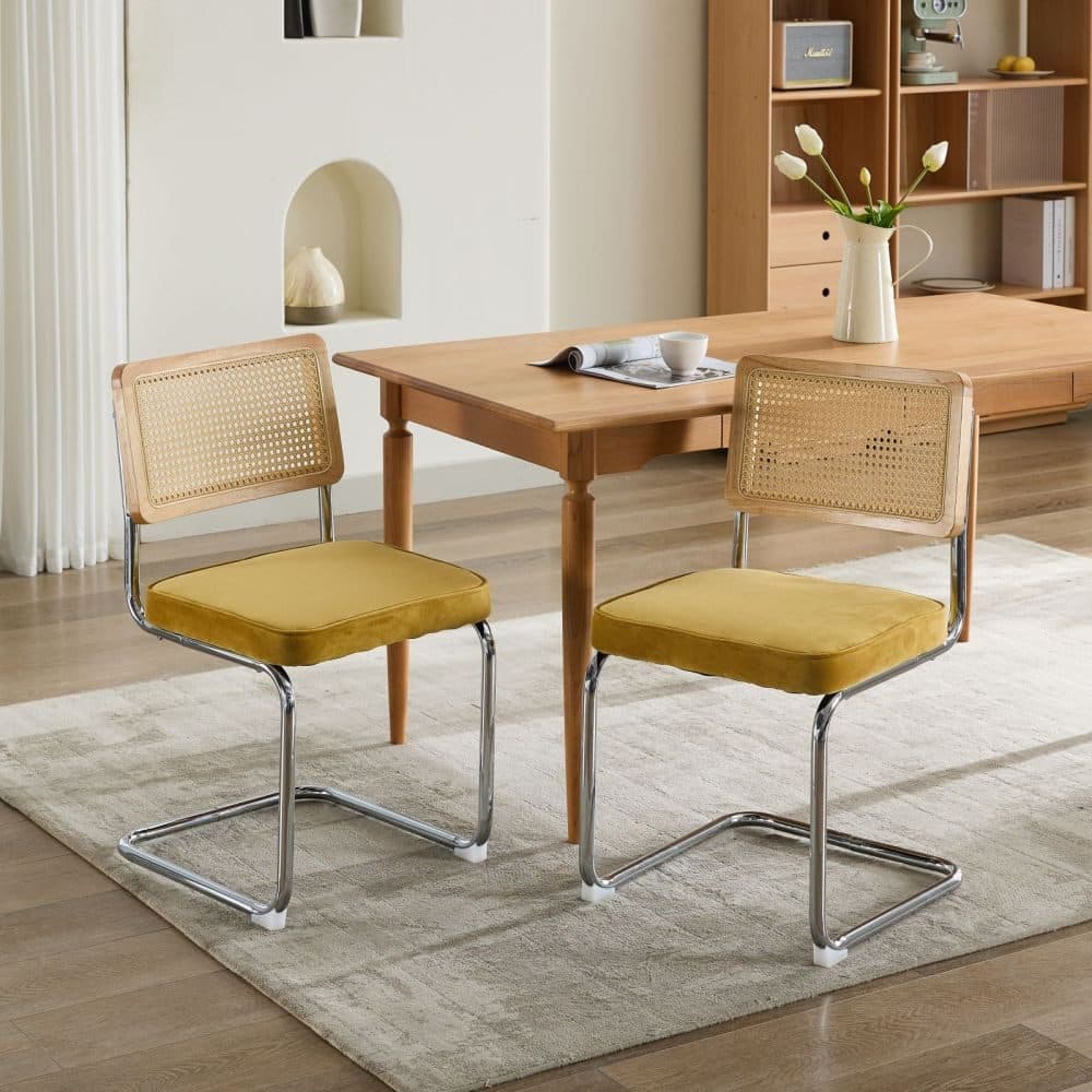 BBWL Polsterstuhl 2er Set Samt Rattan Freischwinger Gold Mid Century - Bild 2
