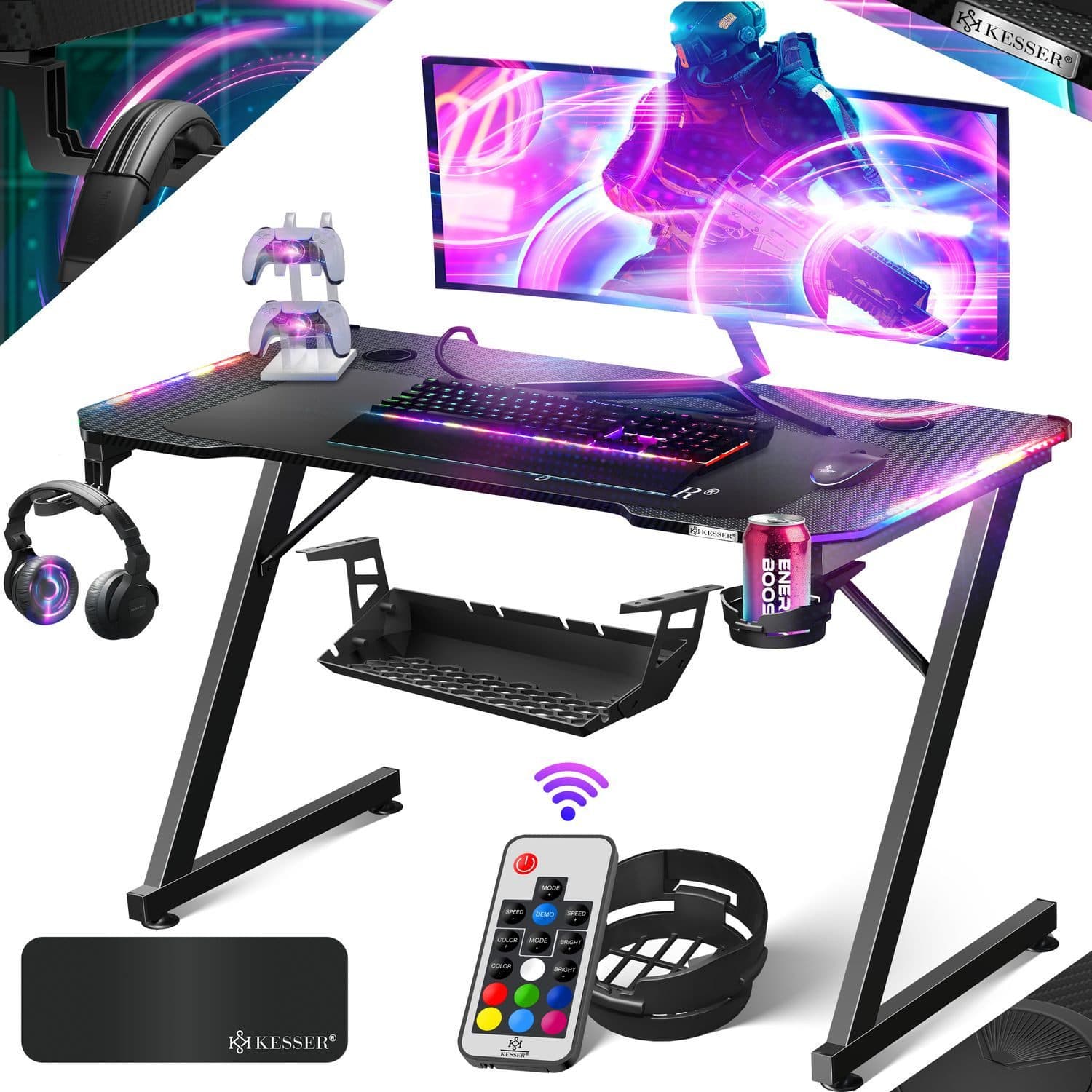 KESSER Gamingtisch mit LED Beleuchtung und Getränkehalter - Bild 2