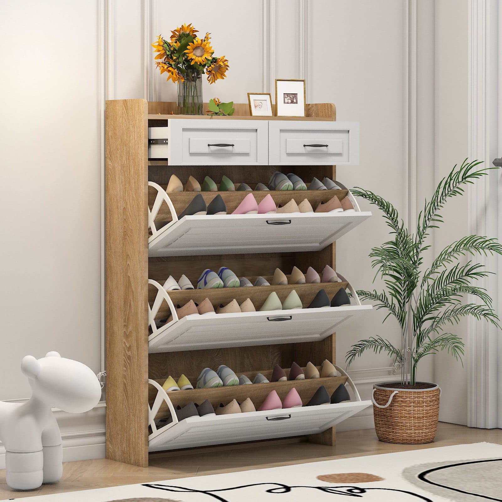 IDEASY Schuhschrank mit 3 Klappen und 2 Schubladen aus Holz für 18–24 Paar Schuhe, Metallgriff - Bild 2