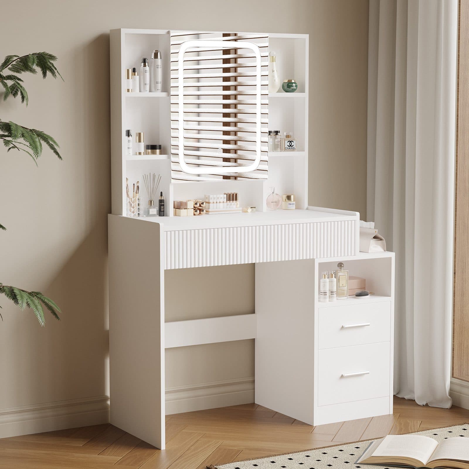 HOMAVO Schminktisch mit LED-Spiegel Weiß