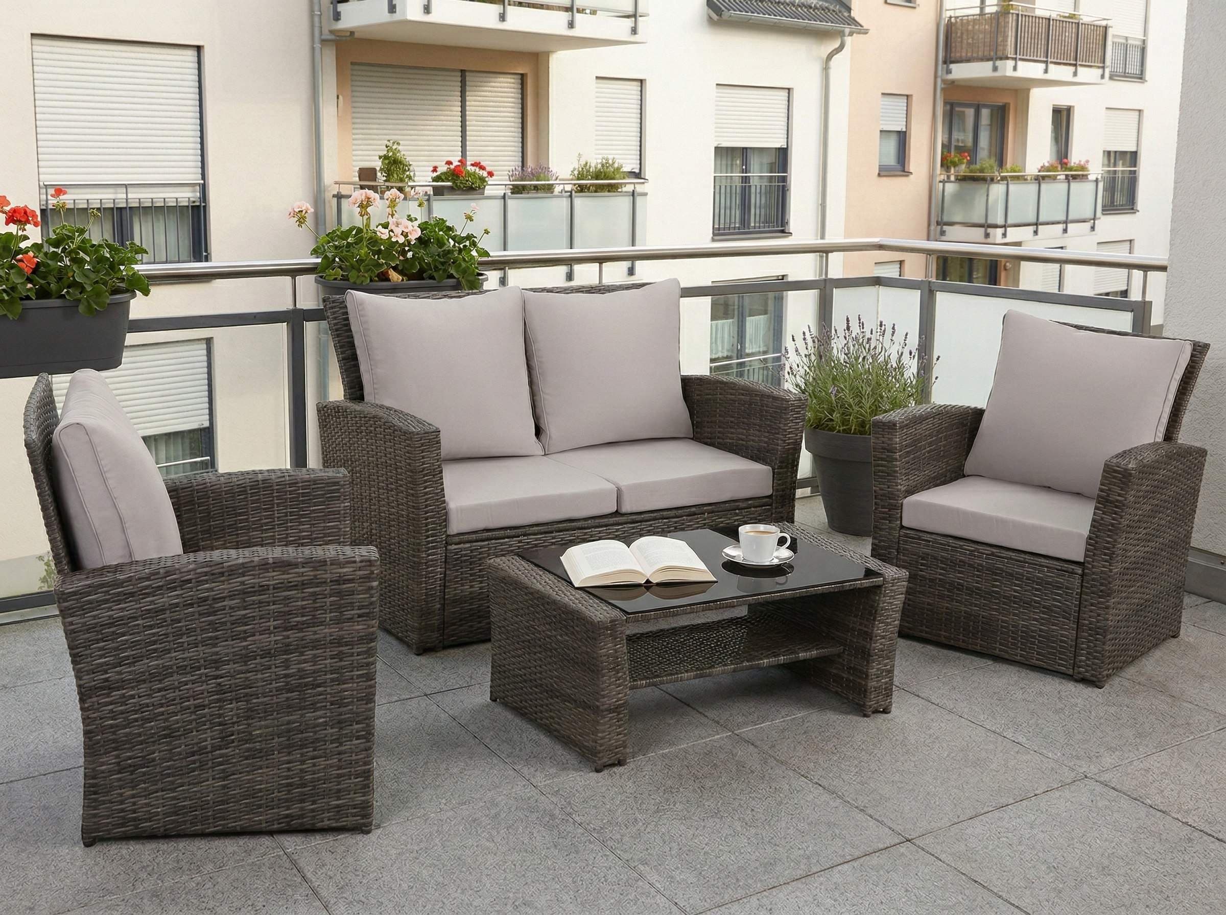 MeXo Gartenlounge-Set 4-tlg. Grau Polyrattan mit Kissen - Bild 2