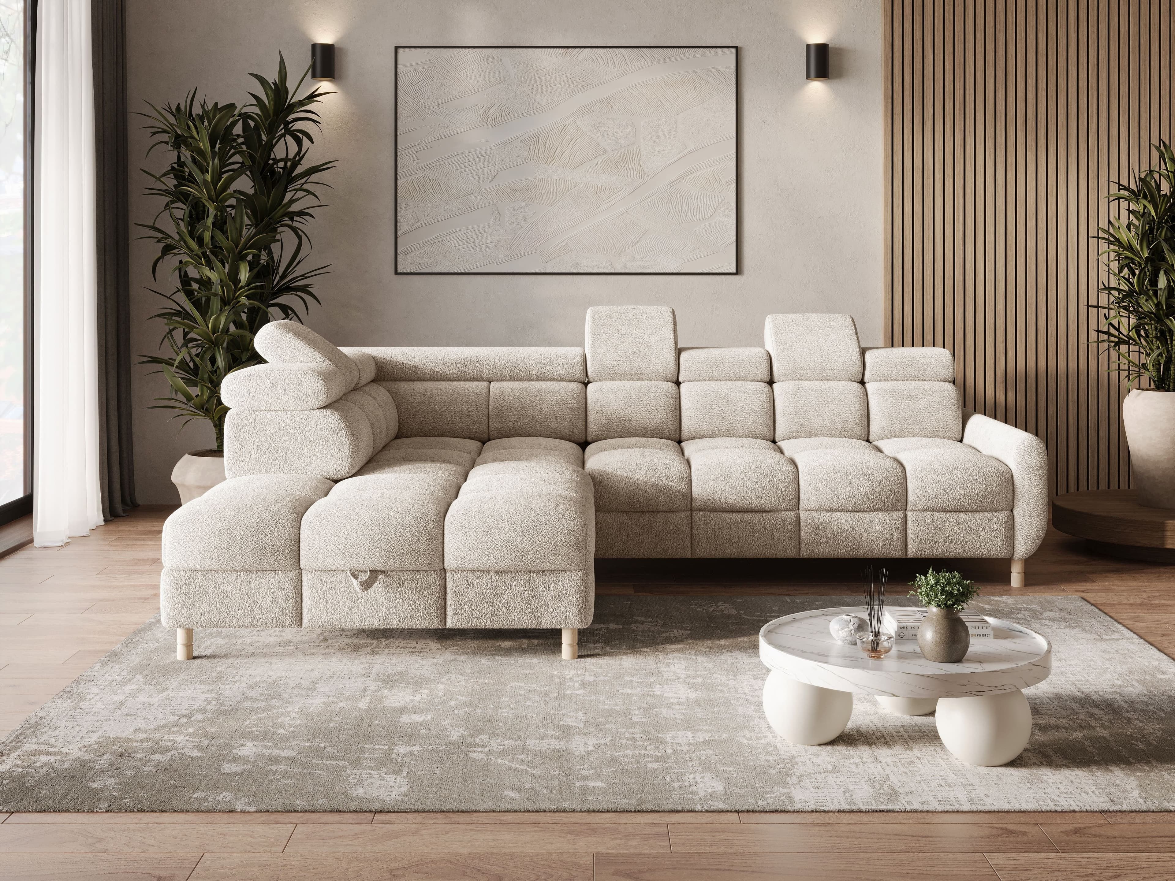 MOEBLO Ecksofa BUN mit Schlaffunktion und Bettkasten Beige Bouclé - Bild 2