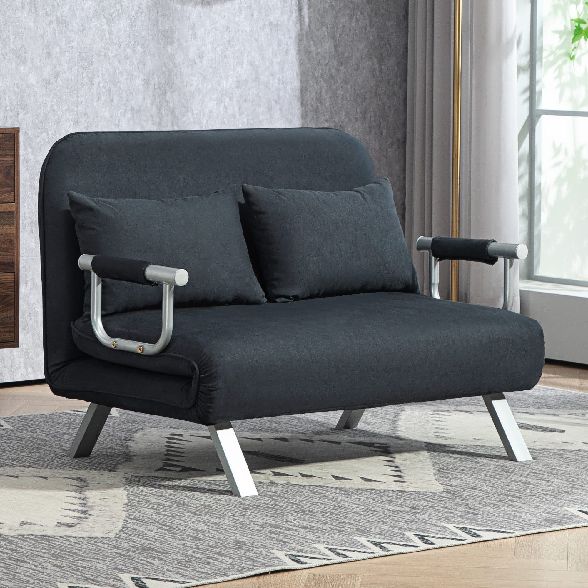 HOMCOM Schlafsofa 2-Sitzer mit Schlaffunktion, Verstellbare Rückenlehne, Kissen, Schwarz - Bild 2