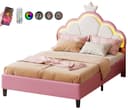 FUROKOY Polsterbett Kinderbett Kronenbett LED-Lichtleiste Rosa Bild 2