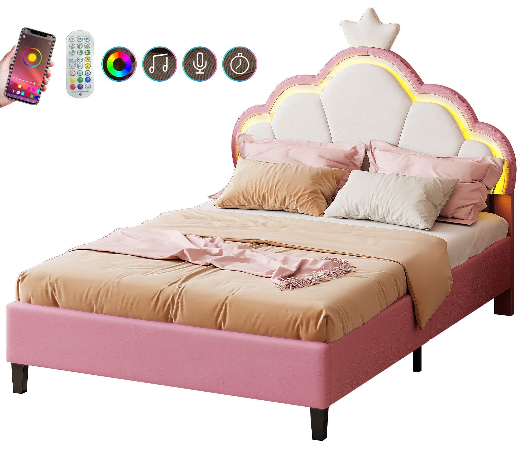 FUROKOY Polsterbett Kinderbett Kronenbett LED-Lichtleiste Rosa - Bild 2