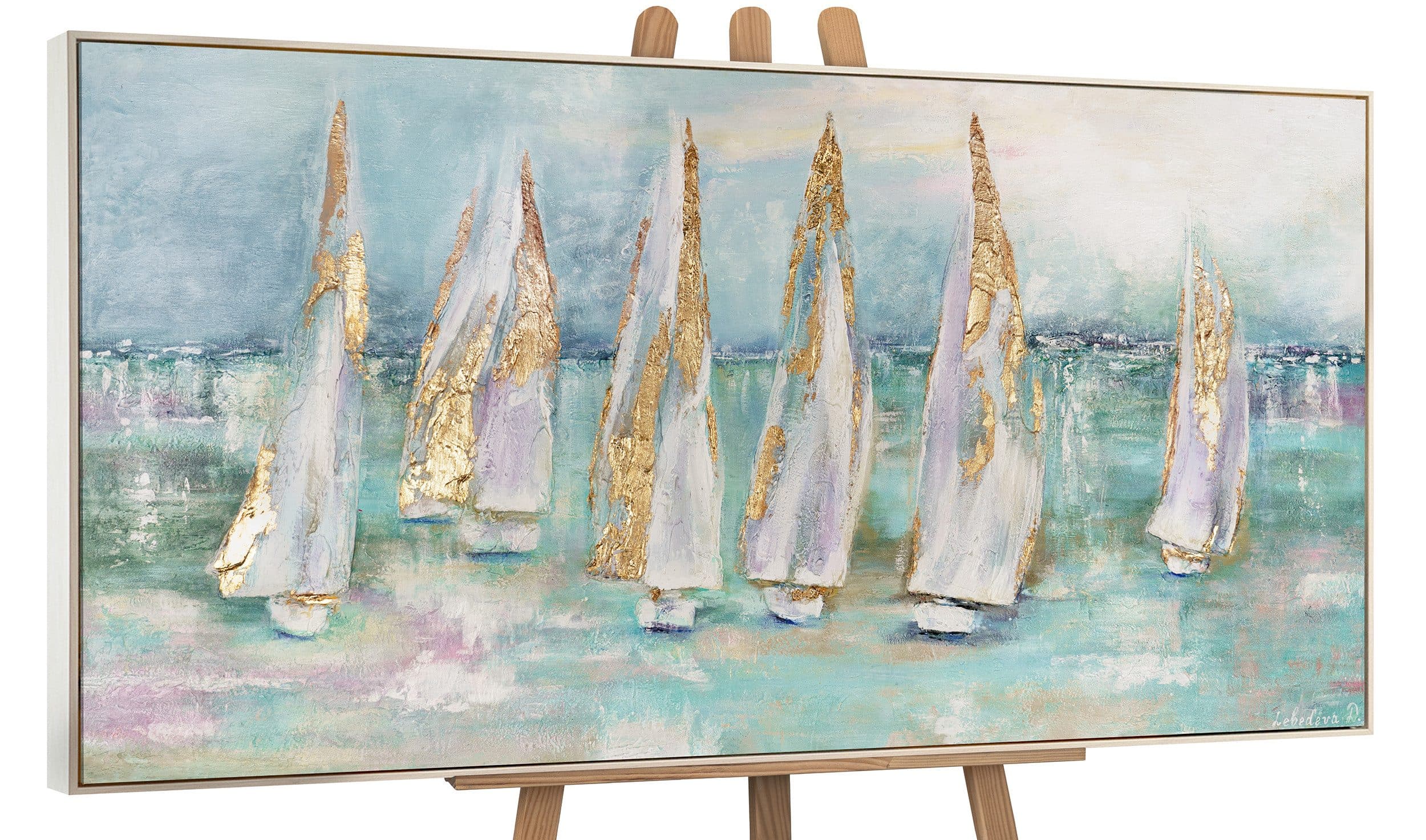 YS-Art Gemälde Segelboote Meer Türkis Gold Handgemalt Leinwand - Bild 2