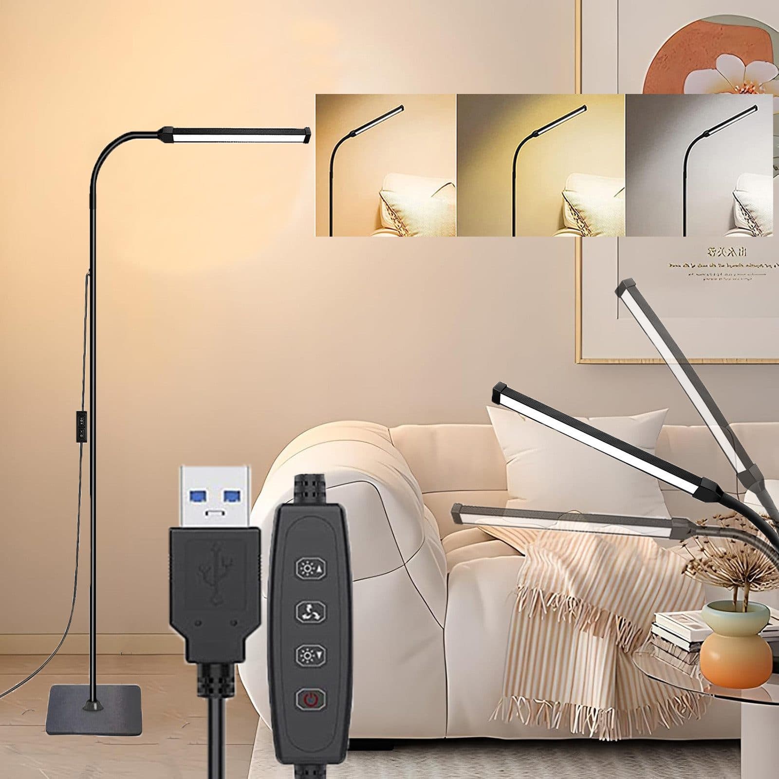 Jibenhome LED Stehlampe Schwarz Höhenverstellbar USB Dimmbar - Bild 2