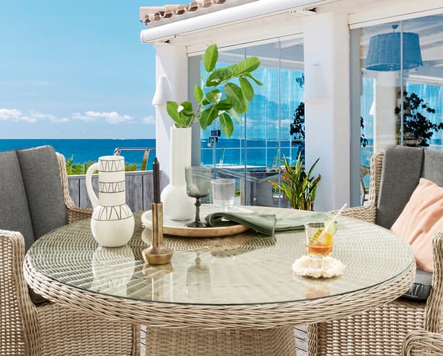 4-Sessel Garten-Essgruppe aus Polyrattan mit Auflagen
