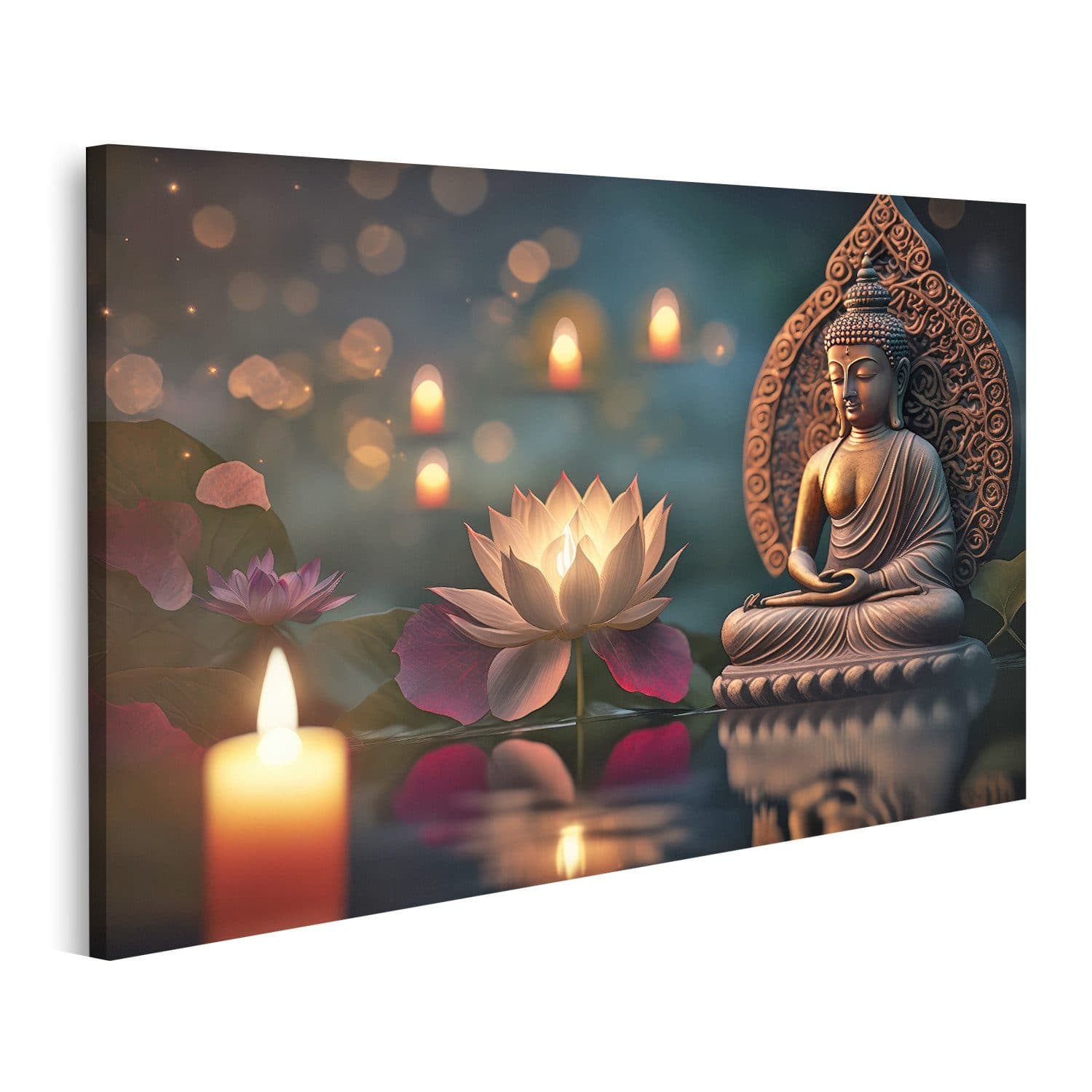 islandburner Leinwandbild Buddha Statue Lotusblume Kerzenlicht 100x57cm - Bild 2
