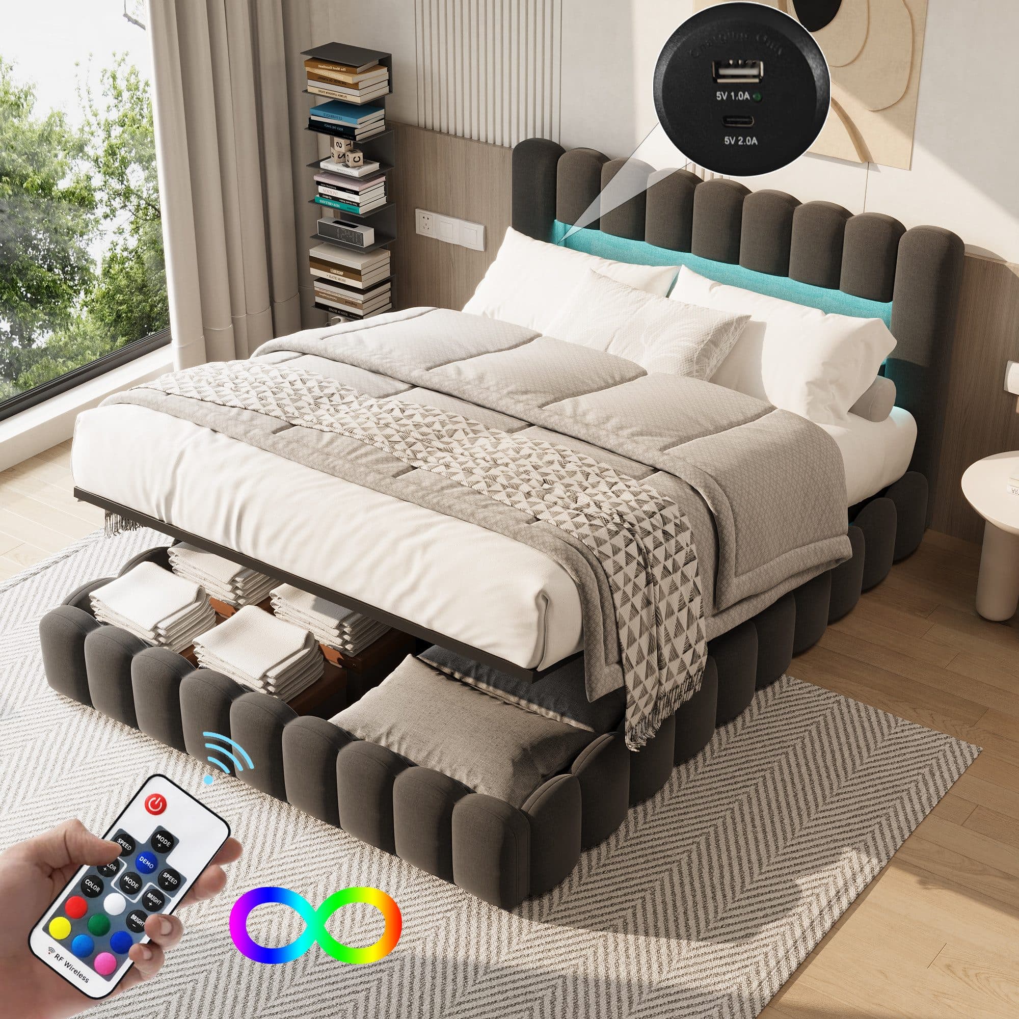 Gdood LED Polsterbett Doppelbett 140x200 cm Grau - Bild 2
