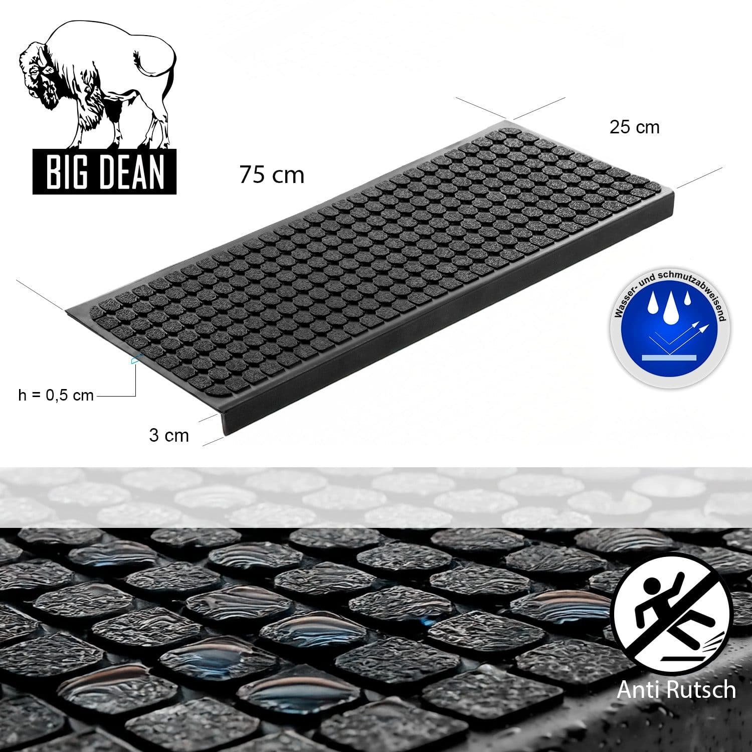 BigDean Stufenmatte Gummi Schwarz Rutschhemmend