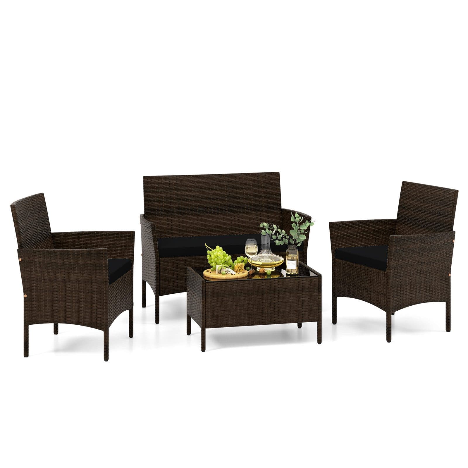 COSTWAY Balkonset 4-tlg. Rattan mit Zweisitzer, 2 Stühlen, Tisch & Kissen - Bild 2