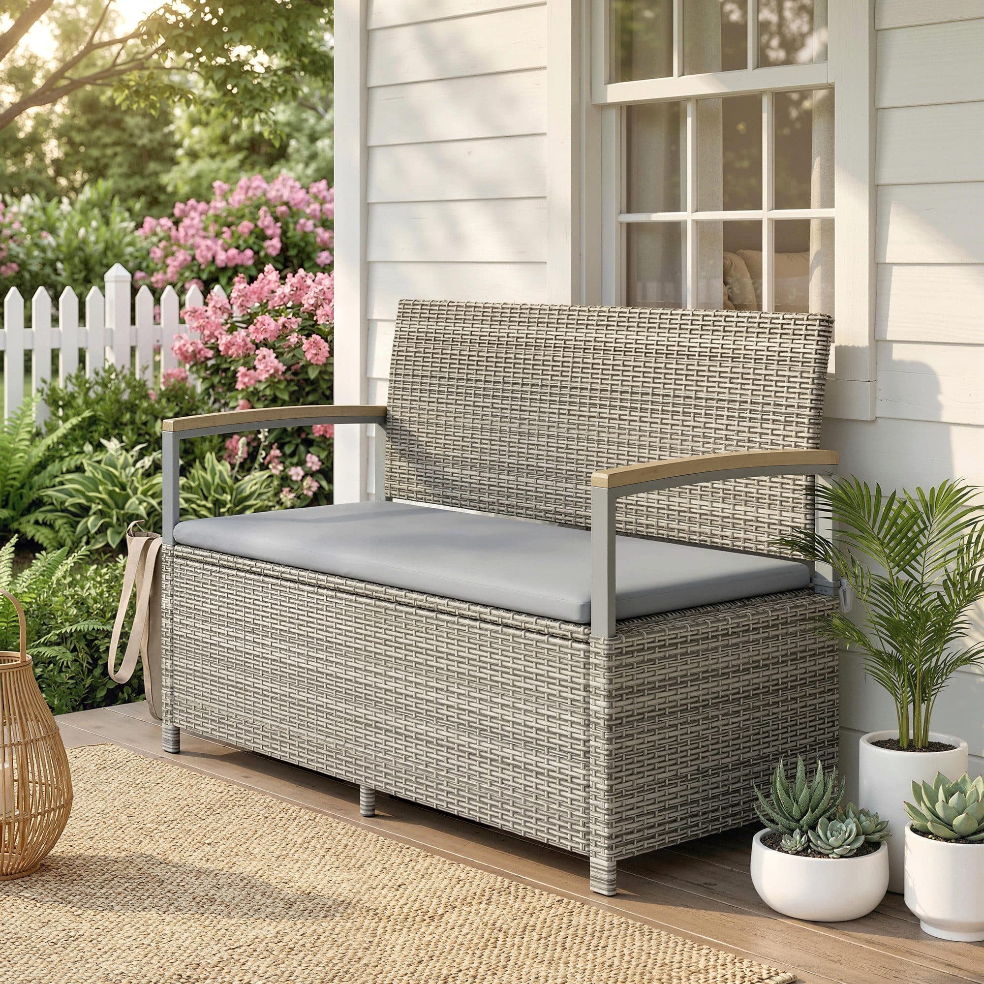 Outsunny Gartenbank mit Stauraum 170L PE-Rattan Hellgrau - Bild 2