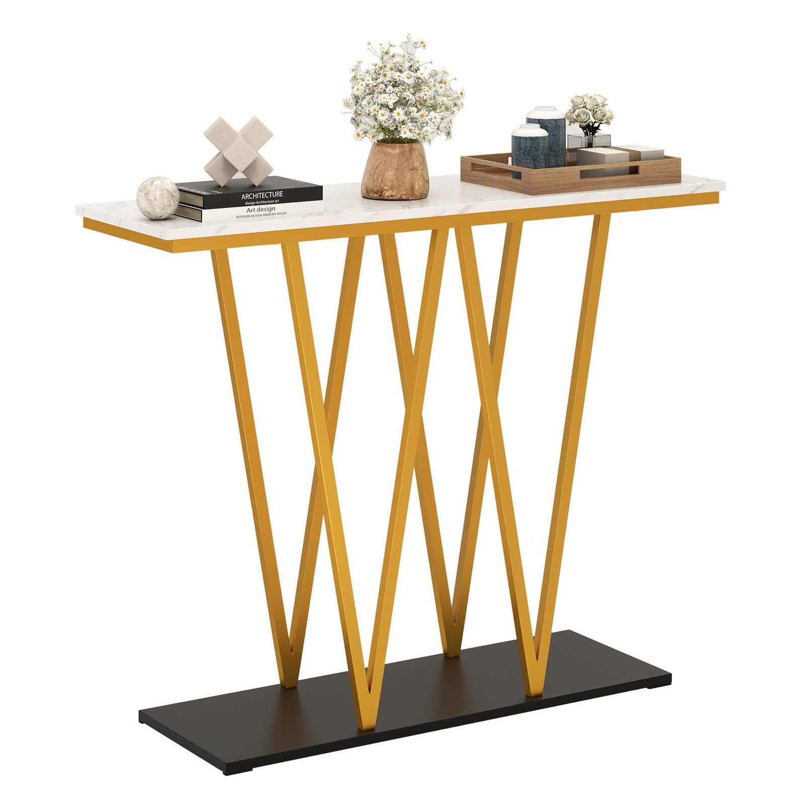 COSTWAY Konsolentisch Marmor-Optik Gold Metallgestell - Bild 2