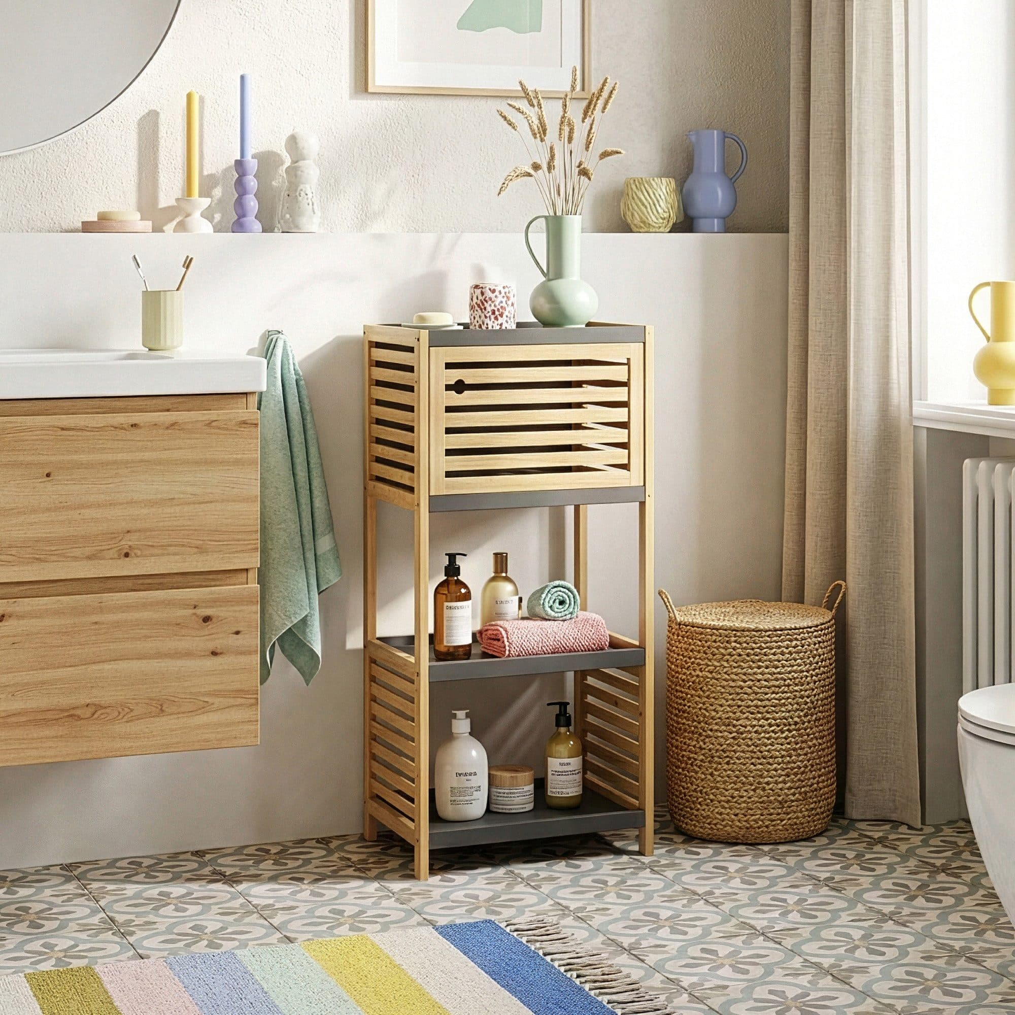 en.casa Badregal Kydesby Bambus Grau 1 Tür 2 Fächer - Bild 2