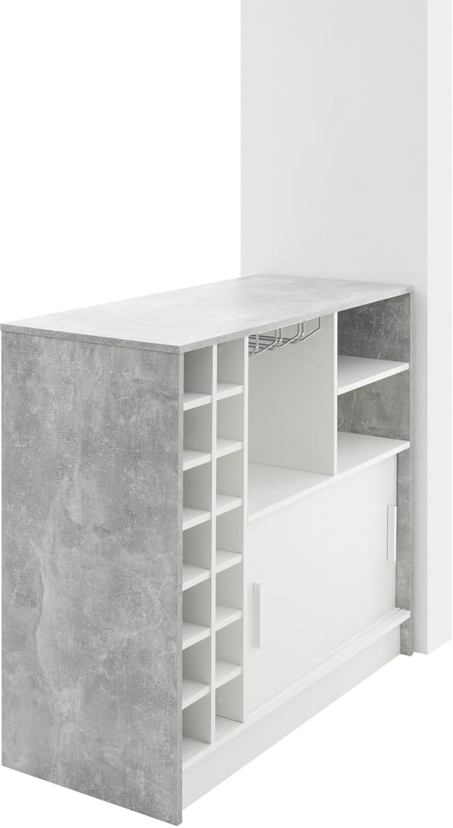 Weißer Beton-Bartisch mit Chrom-Stange und Flaschenregal