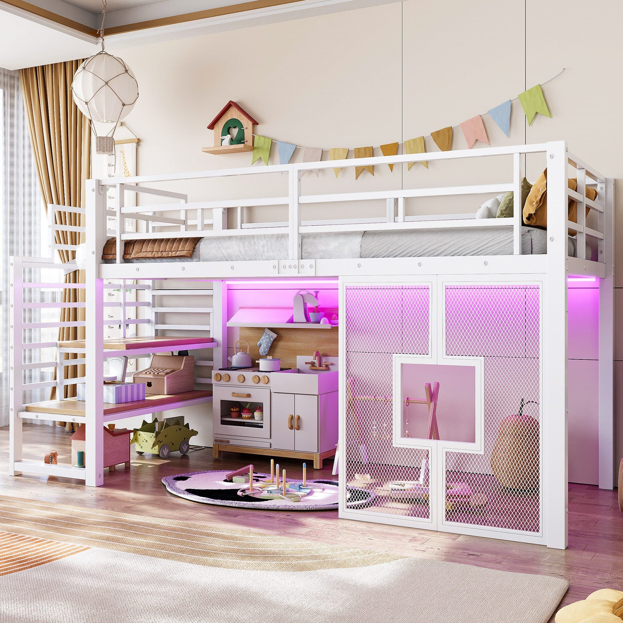 Flieks Hochbett Metallbett Kinderbett 90x200cm LED-Beleuchtung