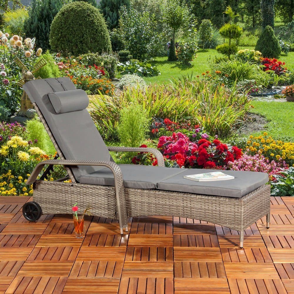 Melko Gartenliege Polyrattan Grau mit Kissen & Rollen - Bild 2