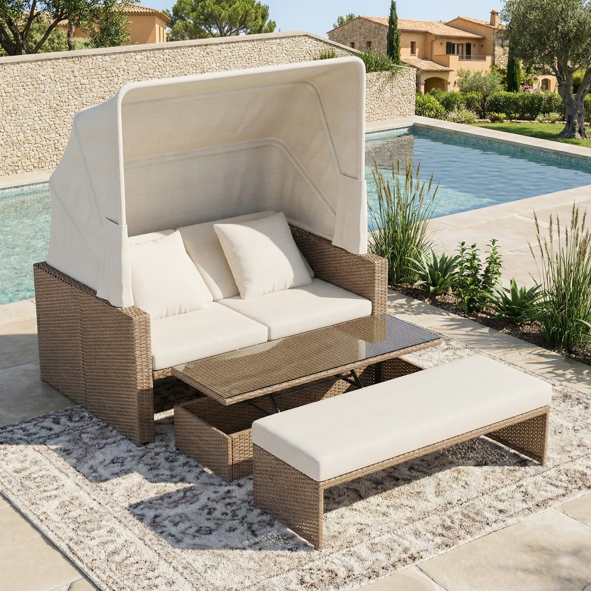 Flieks Gartenliege Gartensofa 2-4 Pers. Polyrattan mit Markise - Bild 2