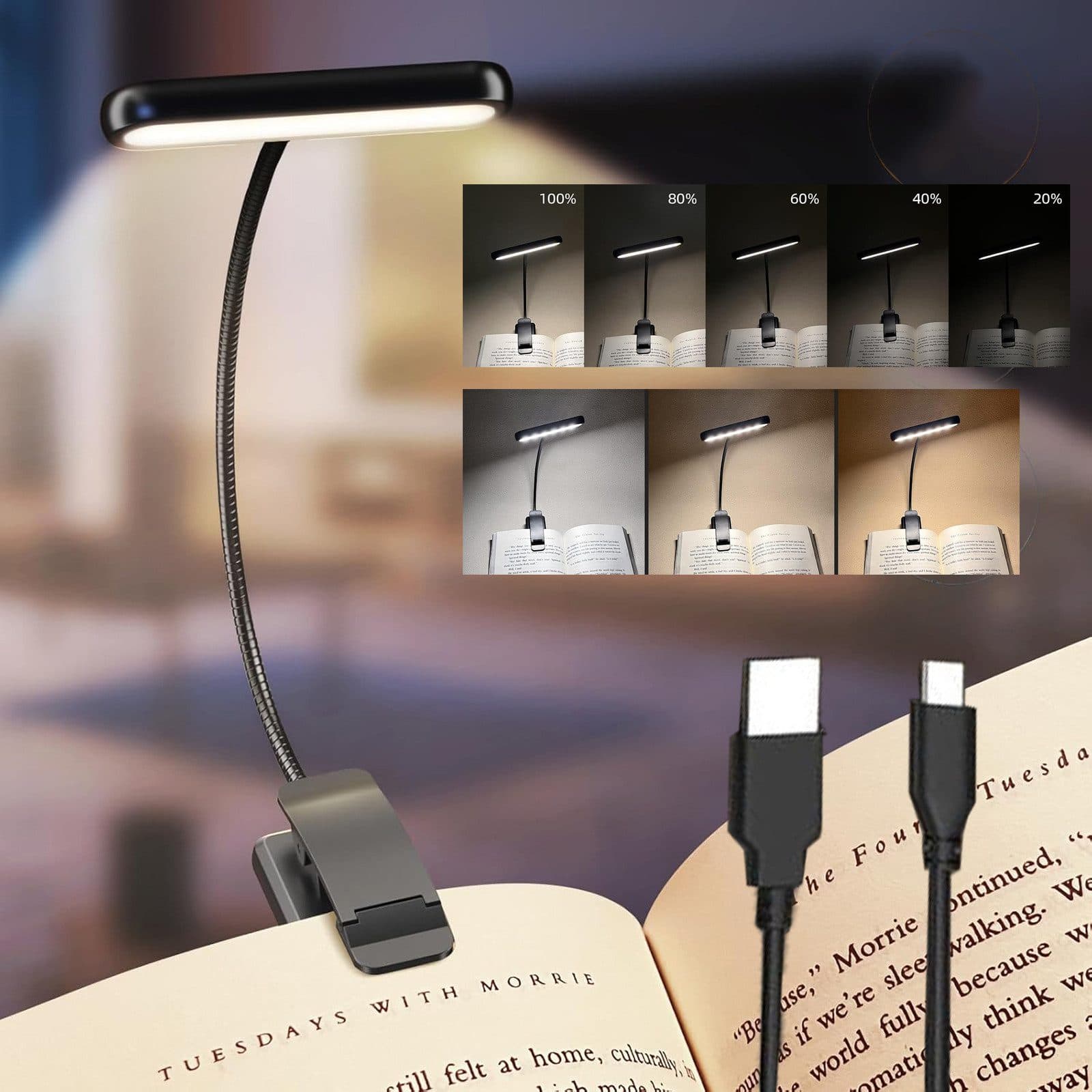 Jibenhome Klemmleuchten Leselampe USB Wiederaufladbar Schwarz LED 3 Farben 10 Helligkeitsstufen Flexibler Schwanenhals - Bild 2