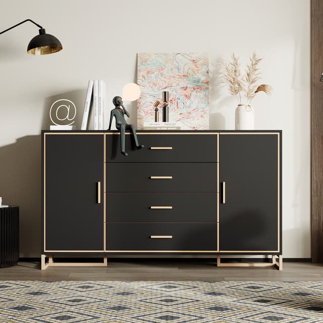 FUFU&GAGA Sideboard 4 Türen Schwarz POP-UP-Tür