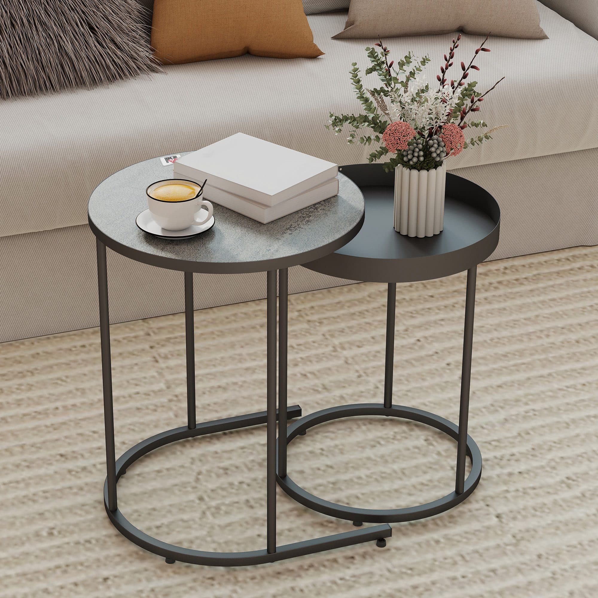 HOMCOM Beistelltisch mit Tablett-Design, Metallgestell, 2er Set Wohnzimmertisch, 2-St., Runder Couchtisch, Grau - Bild 2