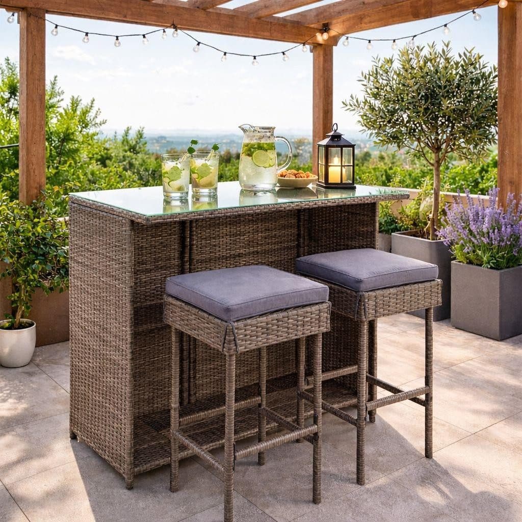 ESTEXO Gartenbar Set Polyrattan mit 2 Hockern und Milchglasplatte - Bild 2