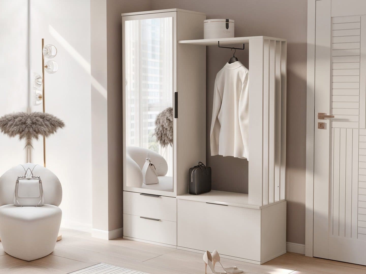 Beautysofa Garderobenschrank LORENZO Modern Mit Spiegel 2 Schubladen Schuhfach Sandbeige - Bild 2