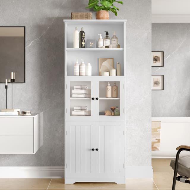 TavilaEcon Hochschrank Badezimmerschrank Weiß/Grau Holzwerkstoff