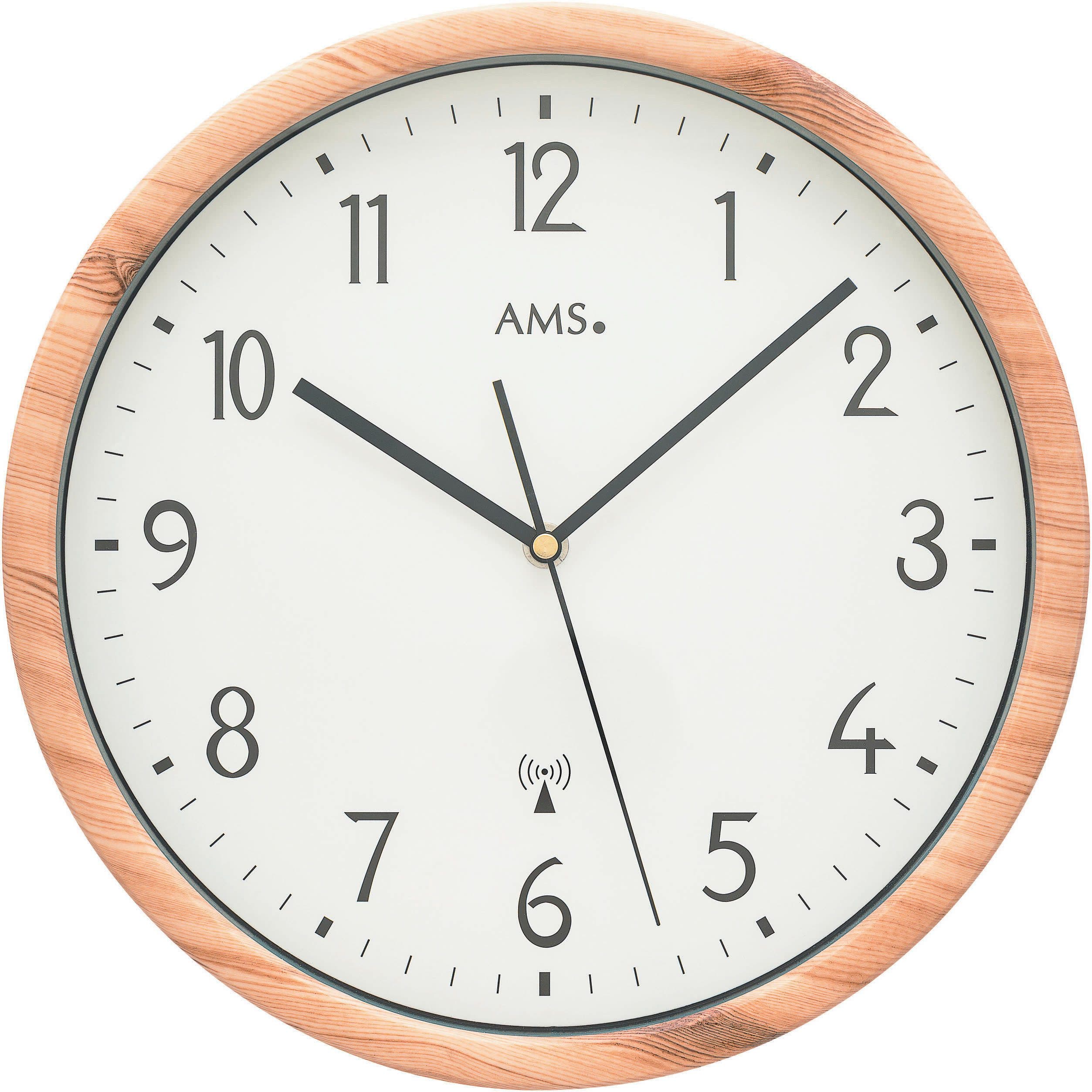 AMS Funkwanduhr Quarzuhr Braun Kunststoff für Wohnzimmer Büro