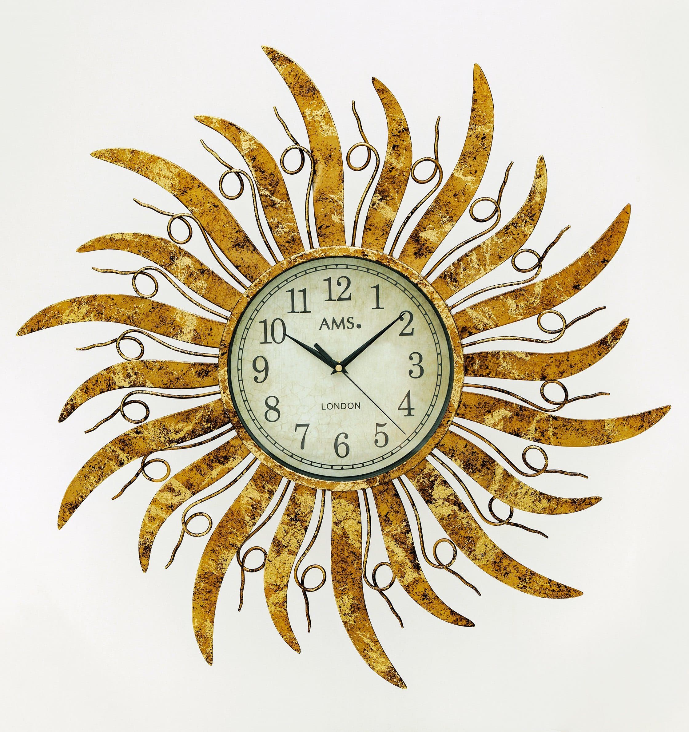 AMS Wanduhr W9639 Gold Altgoldfarben Sonnendesign Quarzuhr