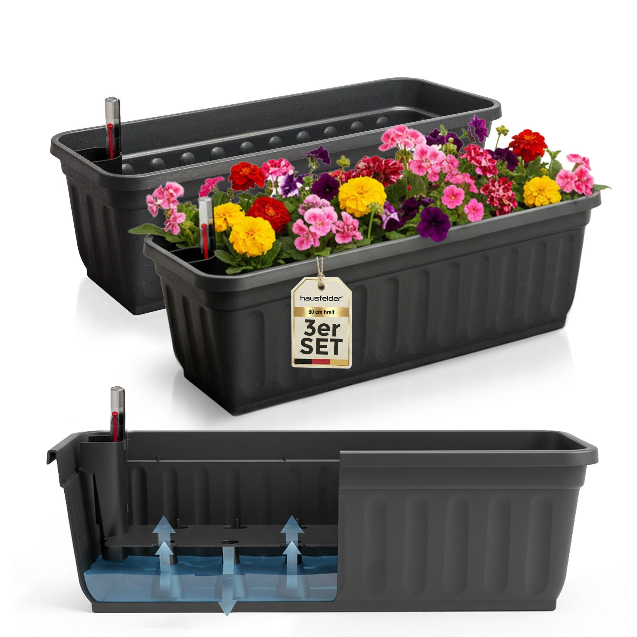 Hausfelder Blumenkasten 3er Set mit Wasserstandsanzeiger Anthrazit - Bild 2