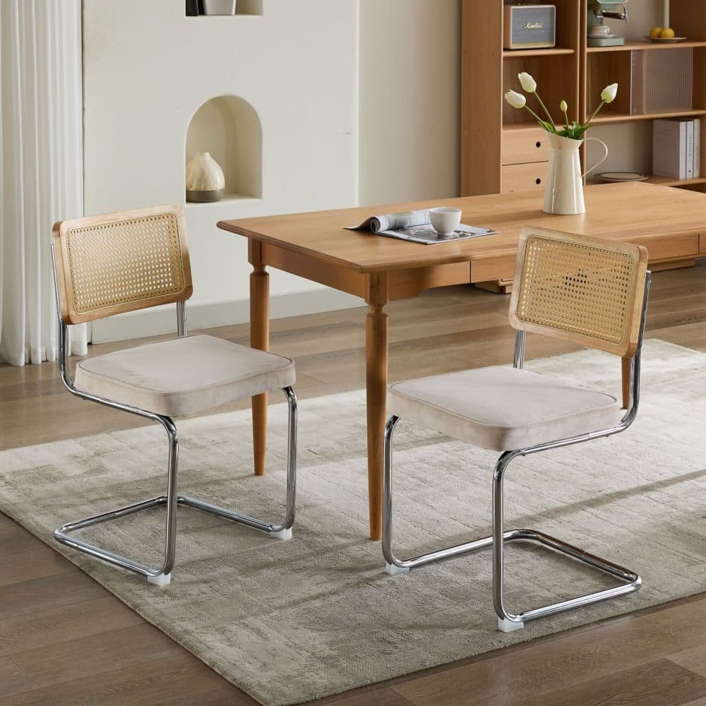 BBWL Polsterstuhl 2er Set Samt Rattan Mid Century Beige Gold - Bild 2