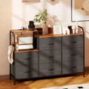 HOMCOM Kommode 8 Schubladen Vliesstoff Ladestation Haken Stahlrahmen Rustikal-Braun+Schwarz Bild 2