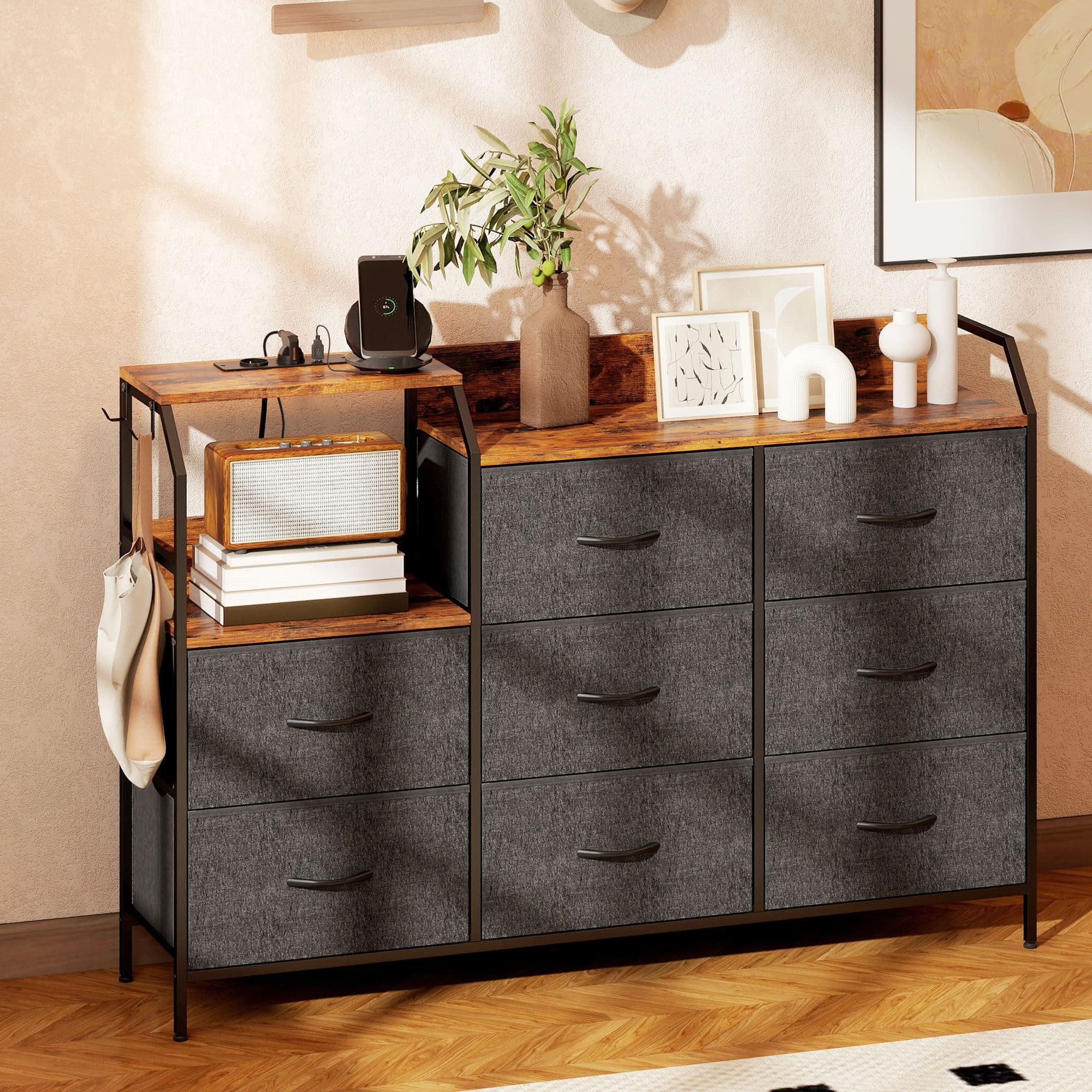 HOMCOM Kommode 8 Schubladen Vliesstoff Ladestation Haken Stahlrahmen Rustikal-Braun+Schwarz - Bild 2