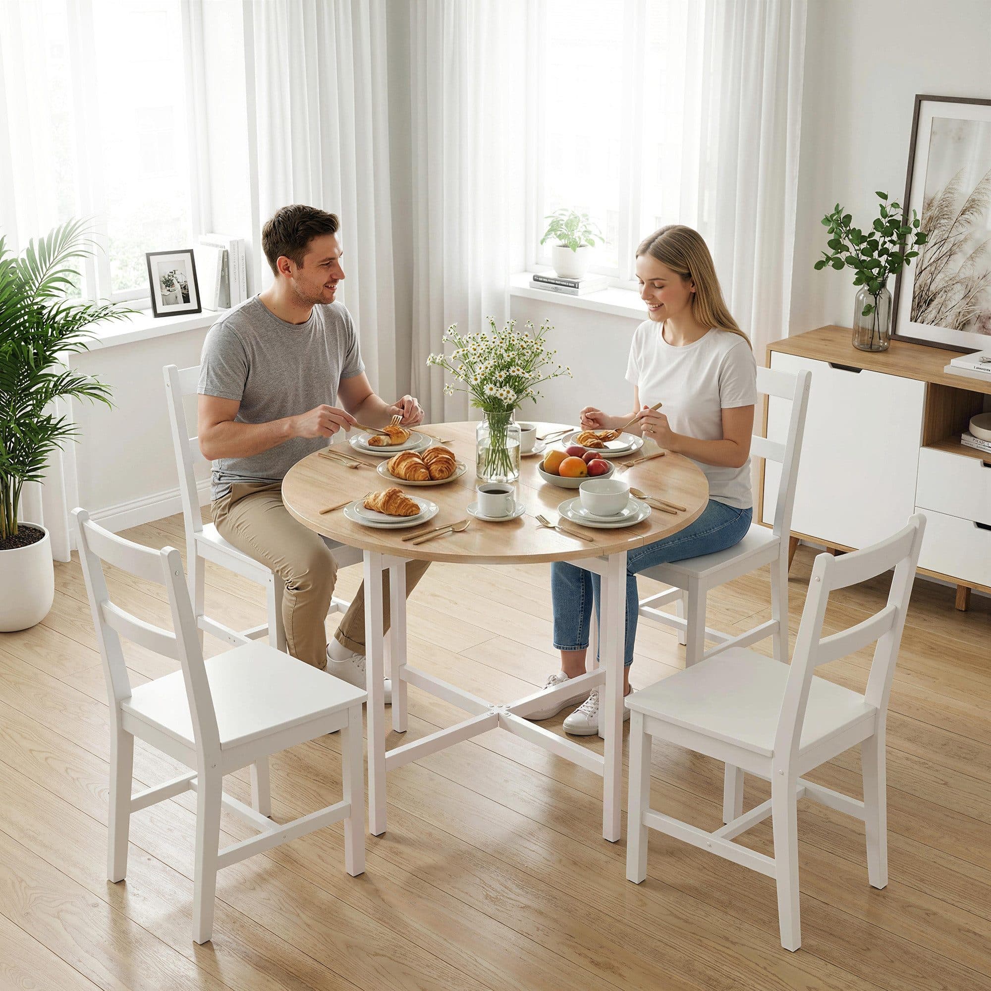 HOMCOM Klapptisch Esstisch rund klappbar Naturholz Weiß - Bild 2