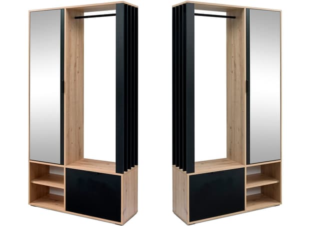 Schwarzer Garderobenschrank mit Spiegel und Kleiderstange