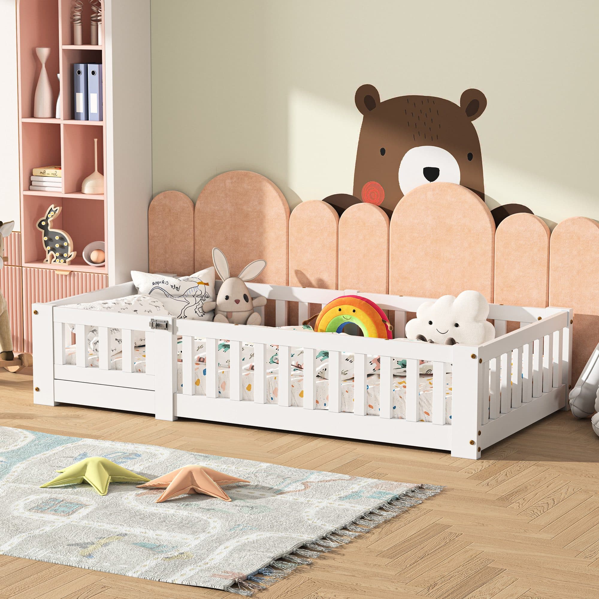 SEEZSSA Einzelbett Massivholz Weiß Montessori Bodenbett mit Lattenrost - Bild 2