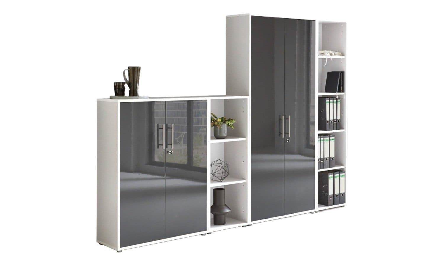 BMG Möbel Aktenschrank Office Edition 4 Set 4tlg Weiß Anthrazit Hochglanz
