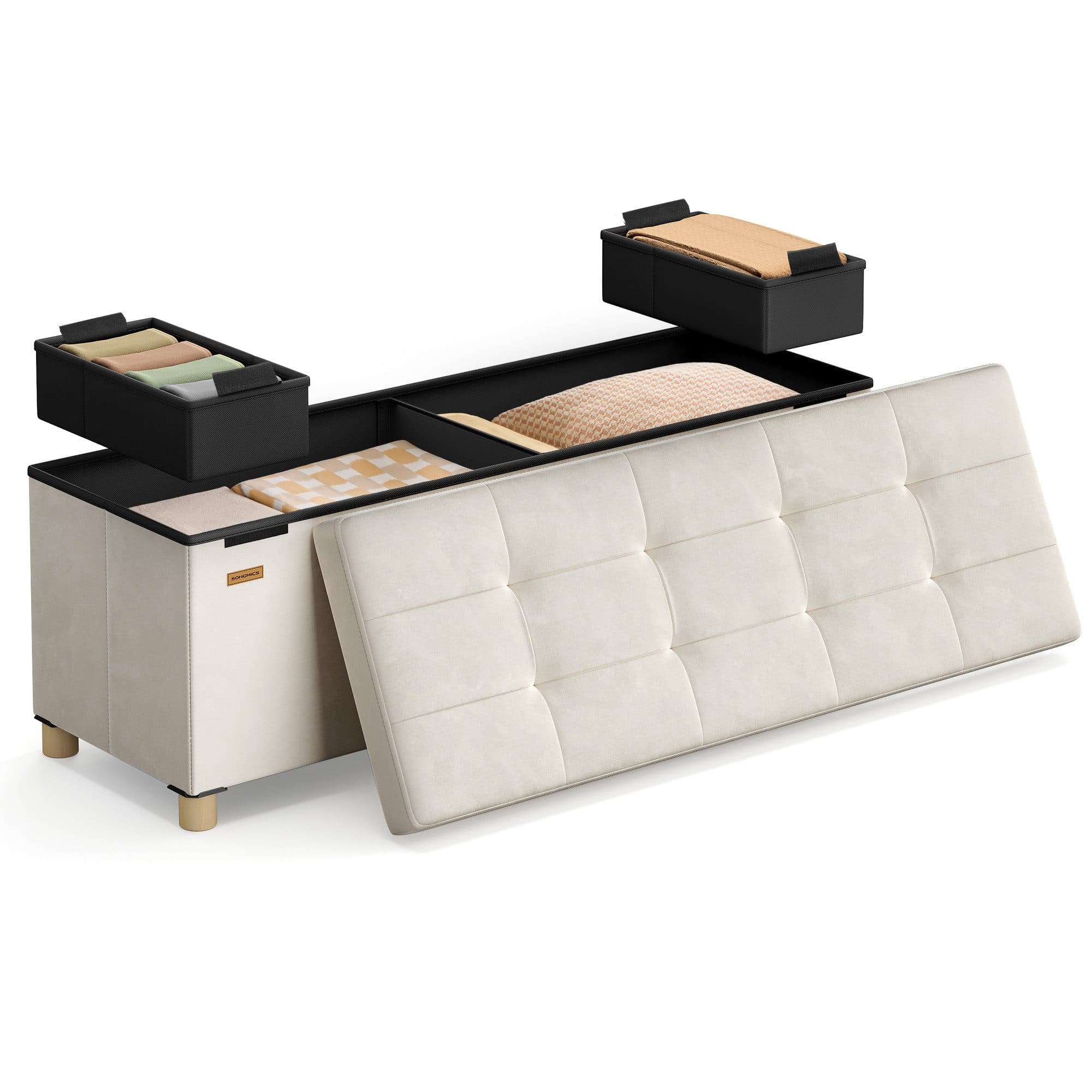 SONGMICS Sitzbank Aufbewahrungsbox Faltbar Beige 38 x 110 x 40 cm