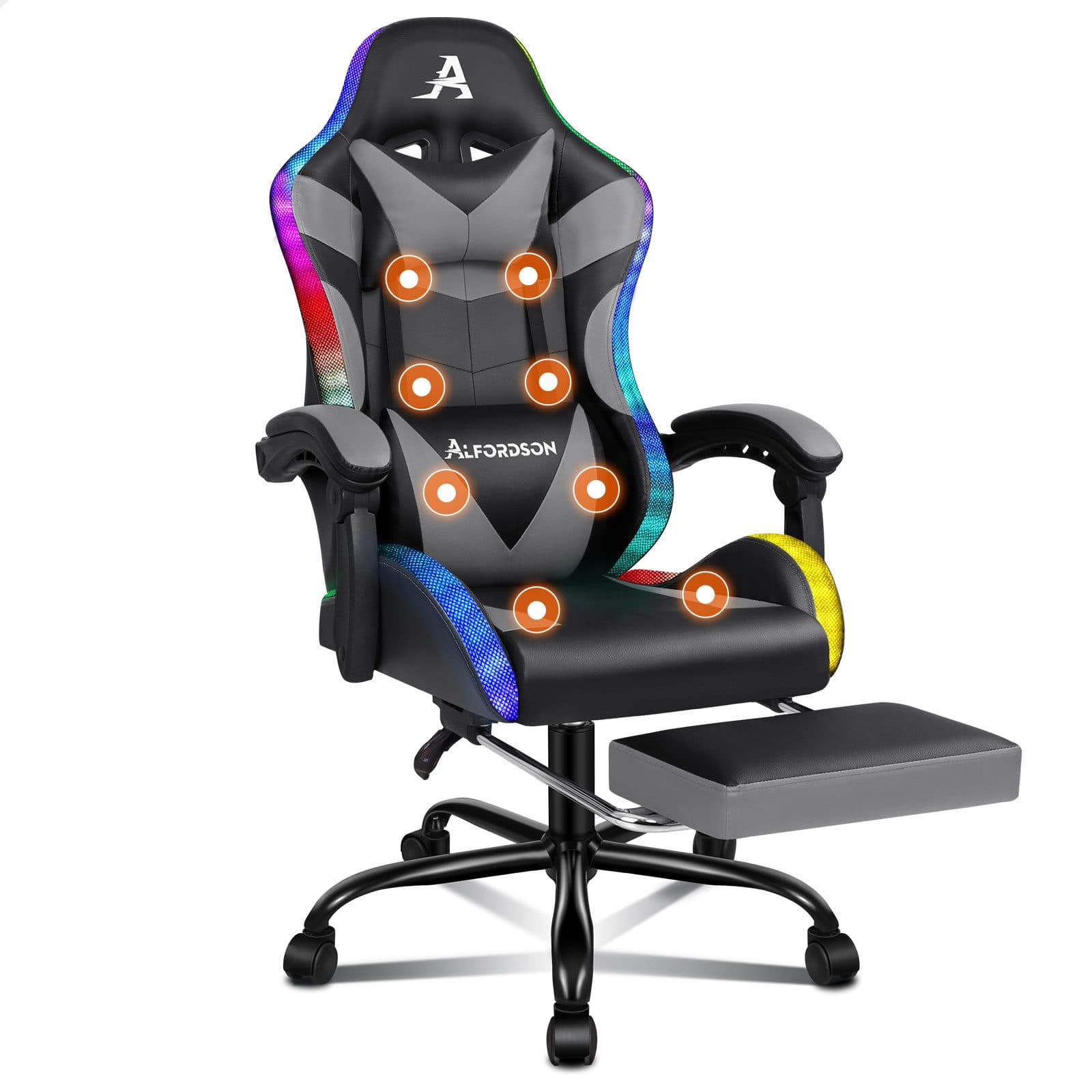 ALFORDSON Gaming-Stuhl Massagestuhl mit LED, ergonomischer Schreibtischstuhl mit 150° Neigung, Einziehbare Fußstütze, PU-Leder, Höhenverstellbar, 180 kg Tragkraft - Bild 2